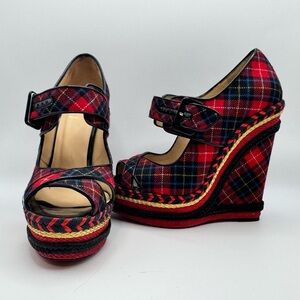 Louboutin Tartan Plaid Espadrille Wedge Sandals Red Sole EU 37